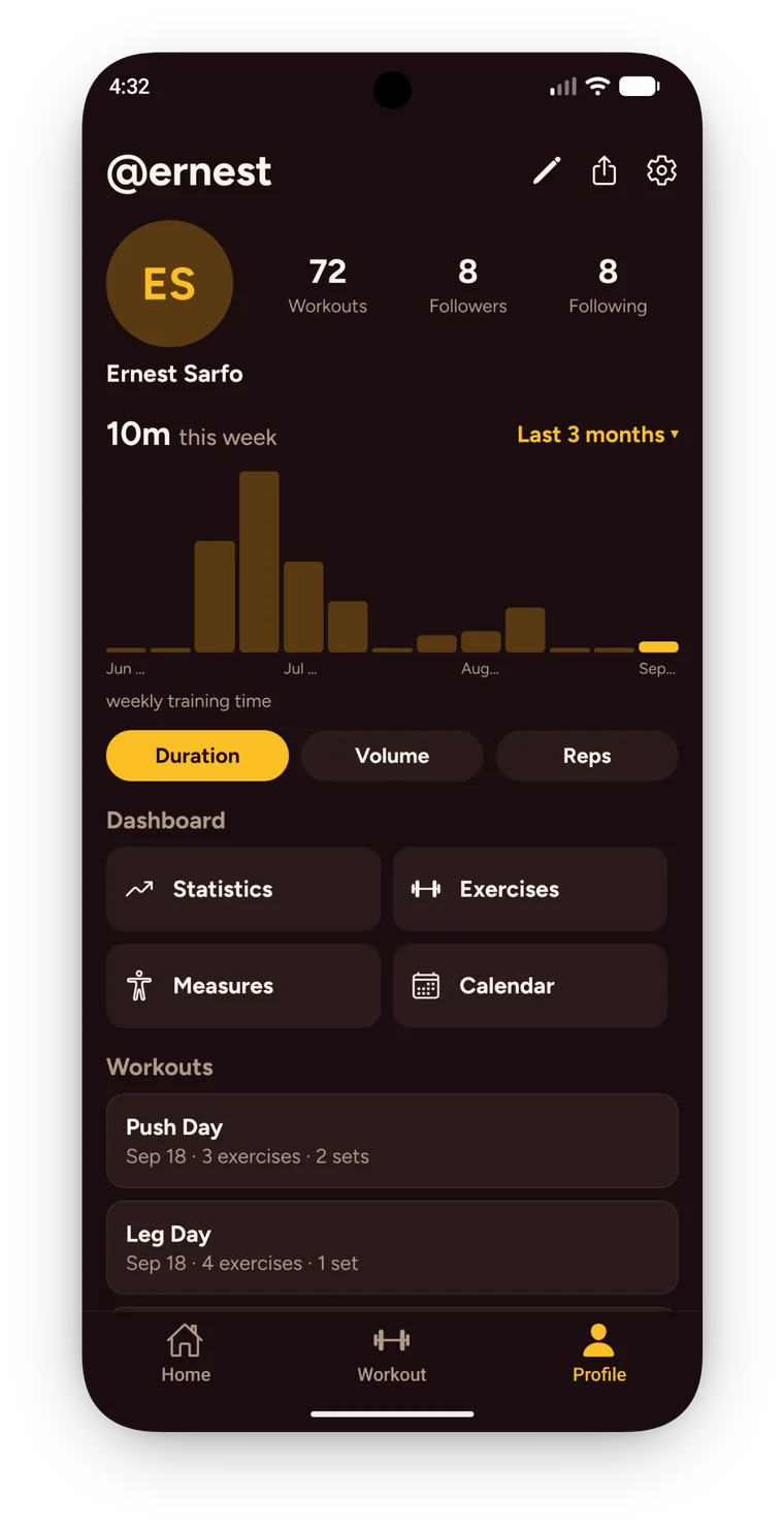 Profile with weekly training time, dashboard, and workout history