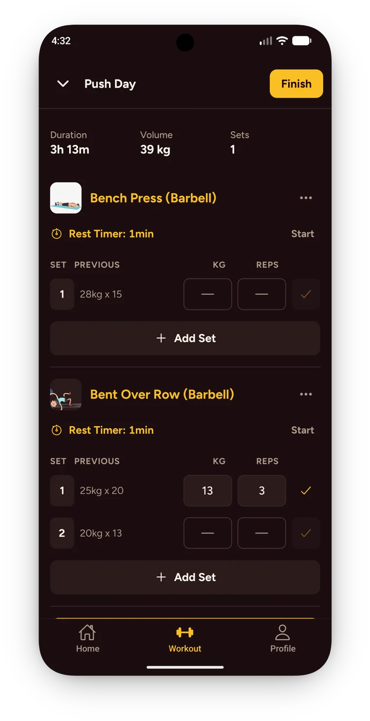 Logging a set in an active workout, with previous-session hints and a running rest timer